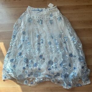 Altar'd State Ivory and Sky Blue Embroidered Skirt